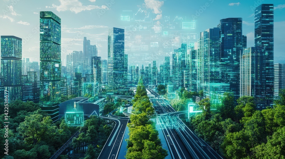Fototapeta premium A futuristic city with integrated technology and green spaces