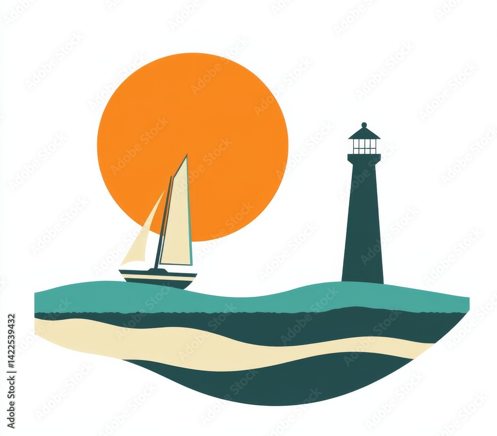 Naklejka premium Abstract flat vector art featuring a sailboat and lighthouse on the horizon during a sunset, with a pastel color palette.