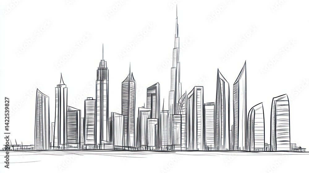 Naklejka premium Sketch of Dubai Skyline, Urban Landscape, Architectural Drawing, Background Use