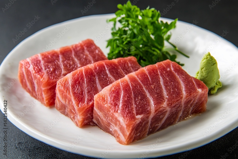 Three elegant slices of fresh tuna are arranged on a white plate, complemented by green herbs and a dollop of wasabi, creating a delicious sushi presentation Three elegant slices of fresh tuna are arranged on a white plate, complemented by green herbs and a dollop of wasabi, creating a delicious sushi presentation