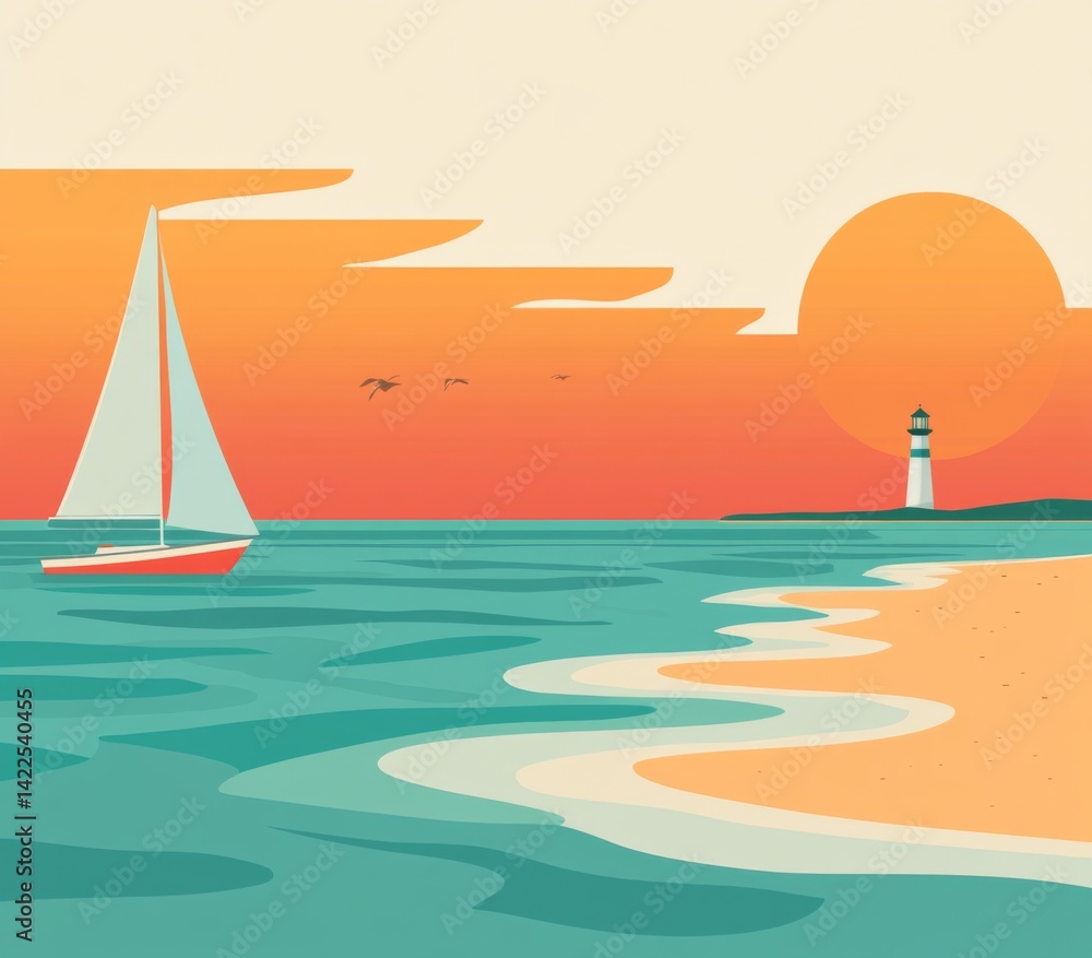 Naklejka premium Abstract flat vector art featuring a sailboat and lighthouse on the horizon during a sunset, with a pastel color palette.