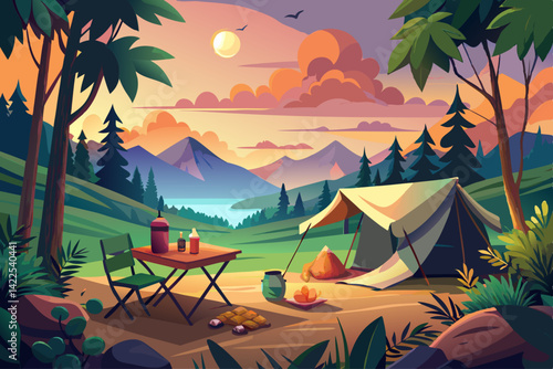 vector of Tranquil camping scene with tarp tent and picnic table at sunset, surrounded by lush forest greenery.