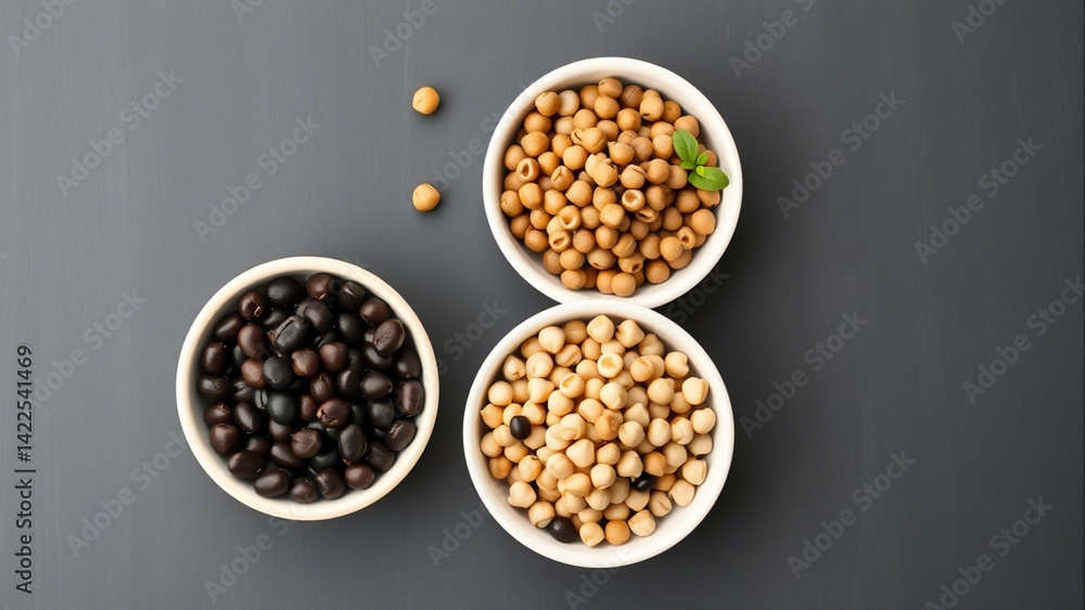 Diverse Bowls of Plant-Based Proteins, Top-Down Perspective, for Health and Wellness Content, Diverse Bowls of Plant-Based Proteins, Top-Down Perspective, for Health and Wellness Content,