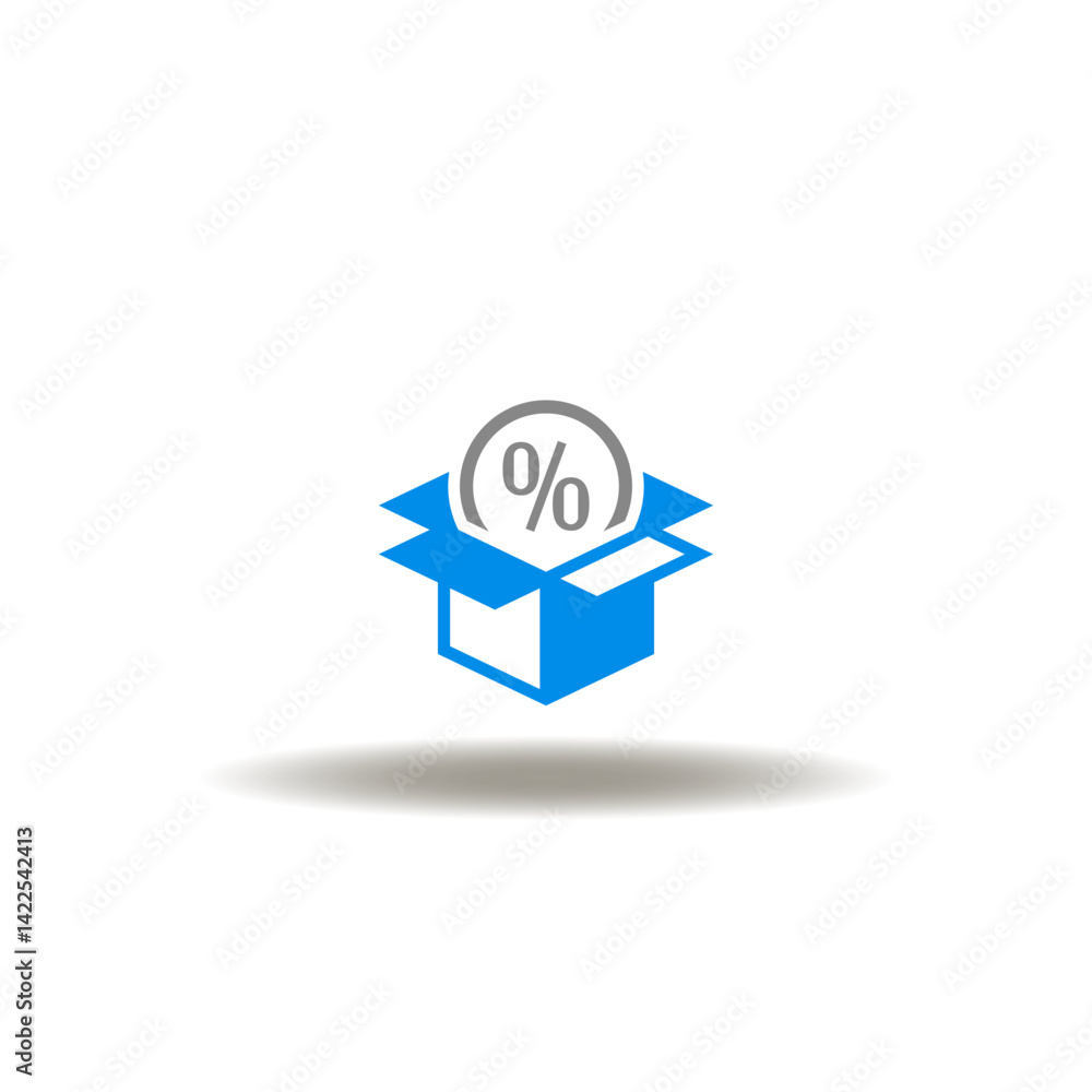Vector illustration of open box and percent sign. Symbol of import export tariffs.