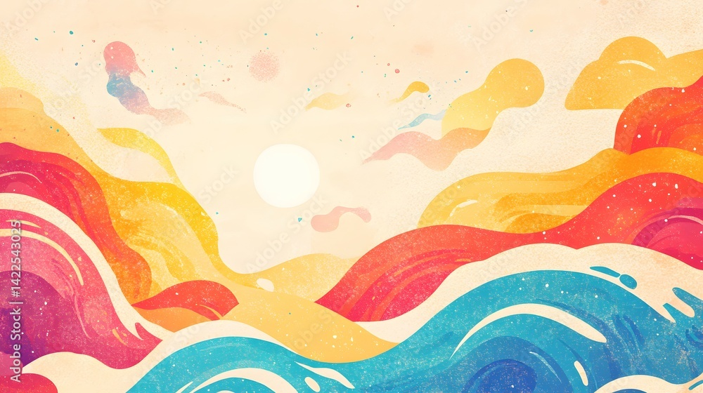 Vibrant abstract landscape with flowing waves and clouds. Vibrant abstract landscape with flowing waves and clouds.
