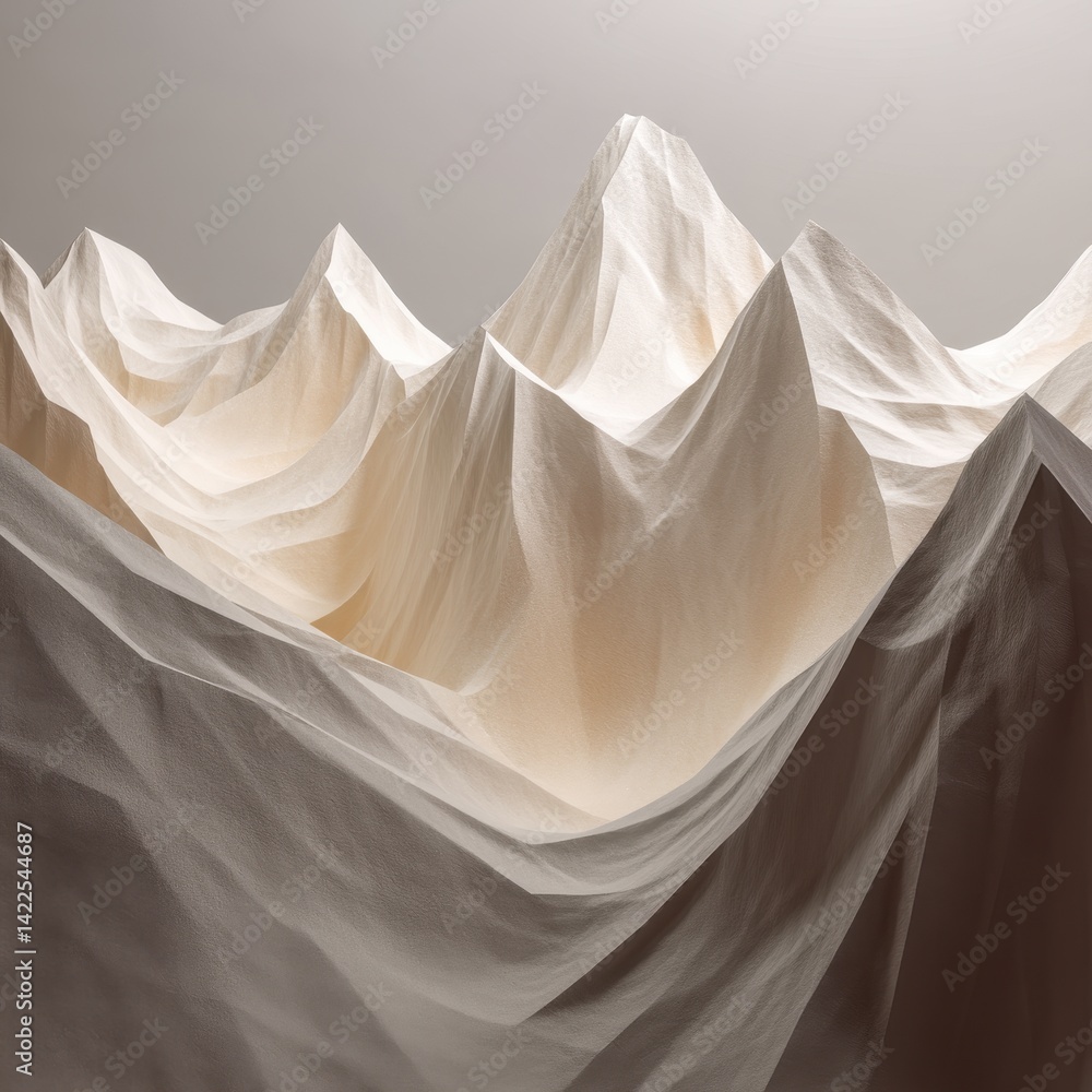 Fototapeta premium Abstract mountain range created with layered cloth in shades of white, tan, and gray against a neutral backdrop.
