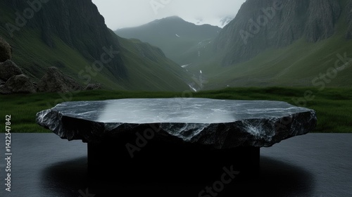 Dark stone pedestal amidst lush mountain range.  A large, dark, rough-hewn stone slab, resembling a natural boulder, serves as a platform or pedestal.  It rests on a dark surface,