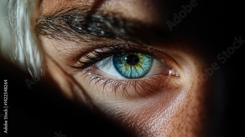 Close-up of a person's eye, vibrant green, focused gaze