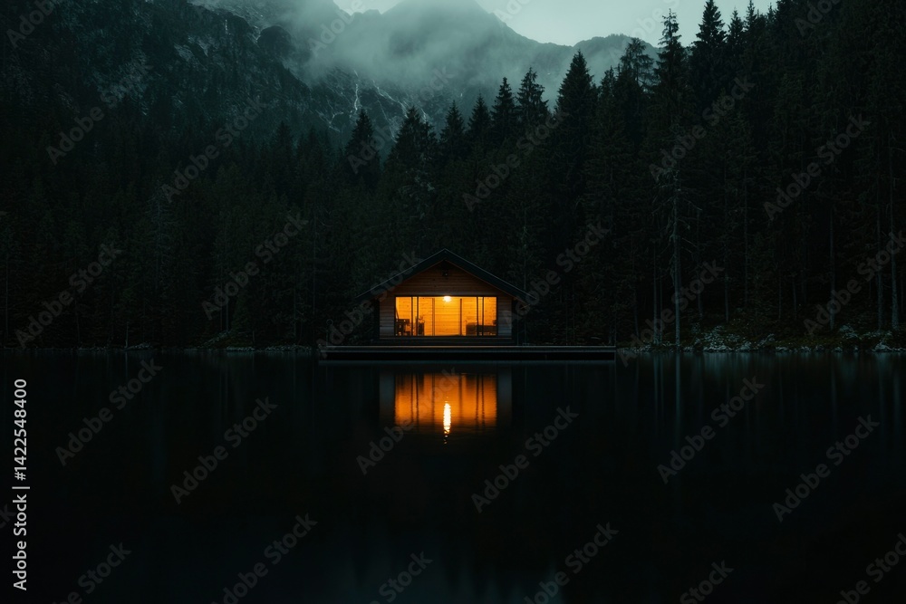 Fototapeta premium Cabin on a lake at night