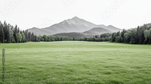 Vast Grassland Mountain Range with Trees Serene Minimalist Style High-resolution Landscape Wide Shot Expansive Field Tranquil View Mountainous Backdrop Cool Green Tones Ideal for Travel Brochures