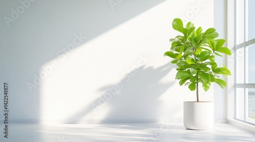 Minimalist room with potted plant. Sunlight streams in through a window, casting shadows on the wall