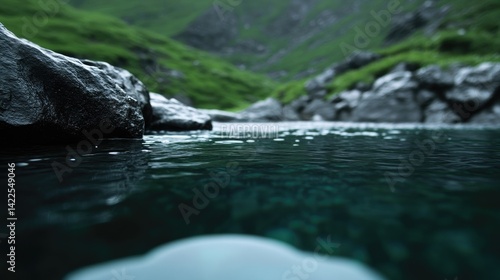 Crystal clear mountain stream, rocks, lush greenery