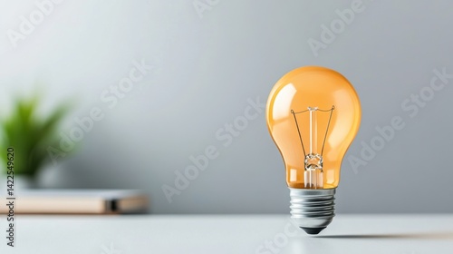 Bright Orange Light Bulb on a Minimalist Desk with Green Plant in Background