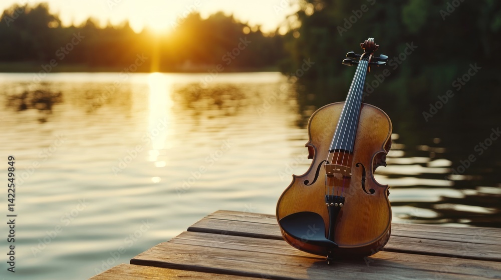 Fototapeta premium Golden sunset backdrop for a violin resting on a wooden dock.