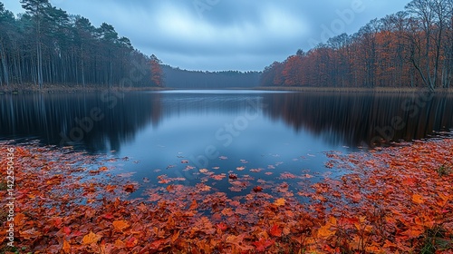 Autumn lake reflected in calm water