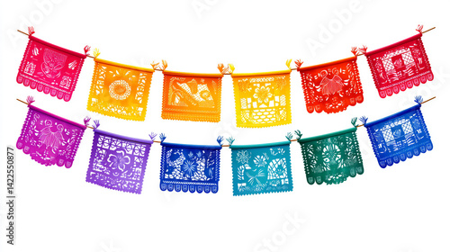 Colorful papel picado banners hang, a festive decoration for celebrations, with intricate cut-out designs.
