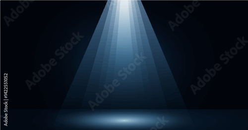 Create a vector illustration of a dark background with a single spotlight shining down from above. The spotlight should have a soft, blue-white glow with visible light rays and a subtle illuminated 