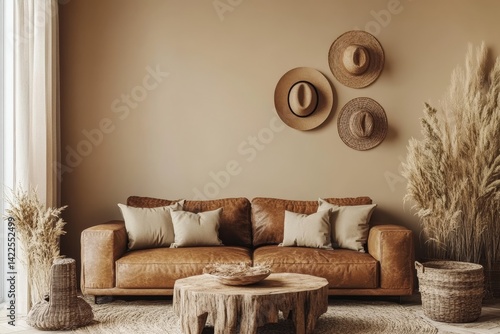 Chic boho style living room with beige walls, brown leather sofa, and cowboy hats for modern decor