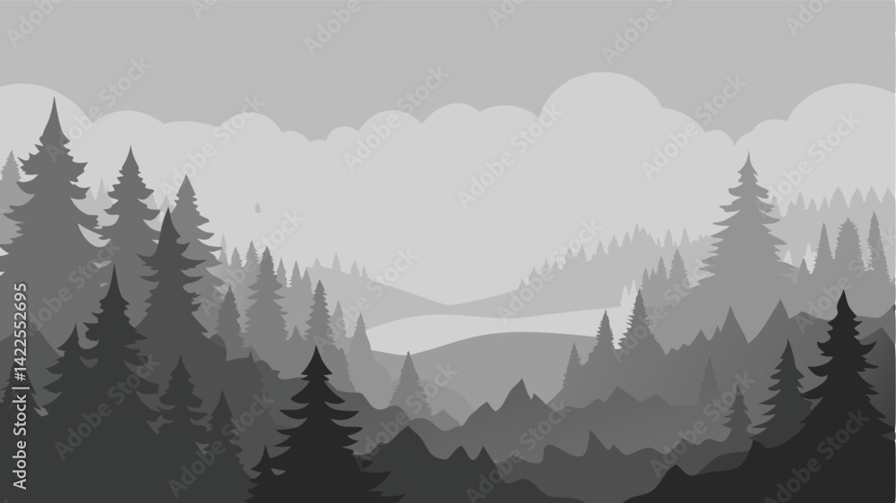 Fototapeta premium Foggy Pine Forest in Grayscale Watercolor Style