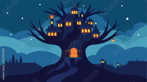 Giant Tree Village with Glowing Lights at Night