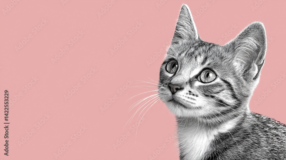 Obraz premium Adorable Tabby Cat with White Outline on Pastel Background for Charming Cute Pet Illustration Designs