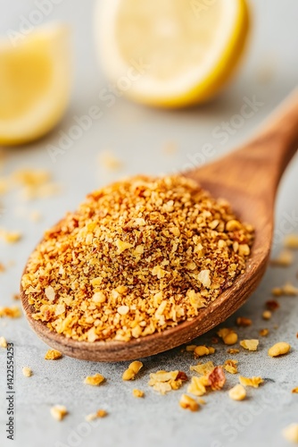 Closeup of Lemon Pepper Seasoning in Wooden Spoon