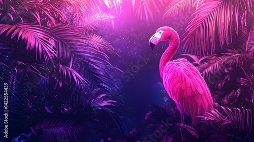 Fototapeta Naklejka Na Ścianę i Meble -  Pink flamingo in a vibrant, neon jungle setting.