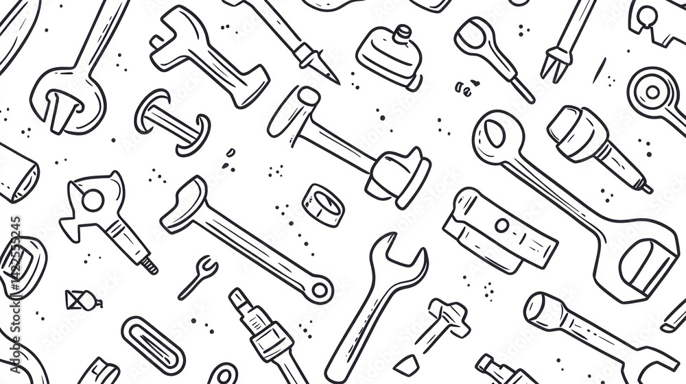 Hand-drawn tools seamless pattern, workshop background, DIY project Hand-drawn tools seamless pattern, workshop background, DIY project