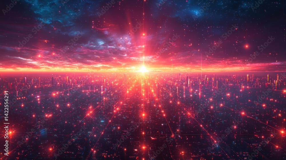 Fototapeta premium Futuristic city skyline at sunrise
