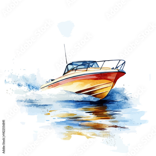 illustration of Motorboat Speeding Across A Lake, watercolor vector, isolated on a white background.