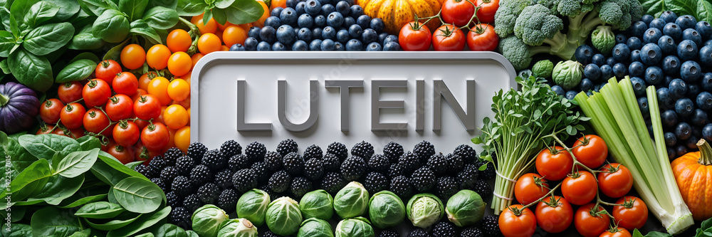 sign with lutein, fresh fruits and vegetables