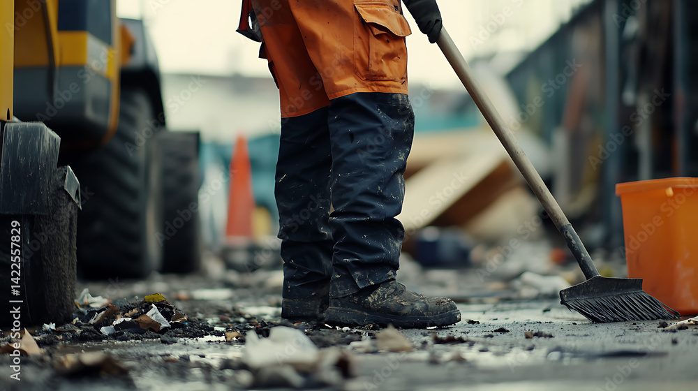 Construction Worker Sweeping Debris at Site Construction Worker Sweeping Debris at Site