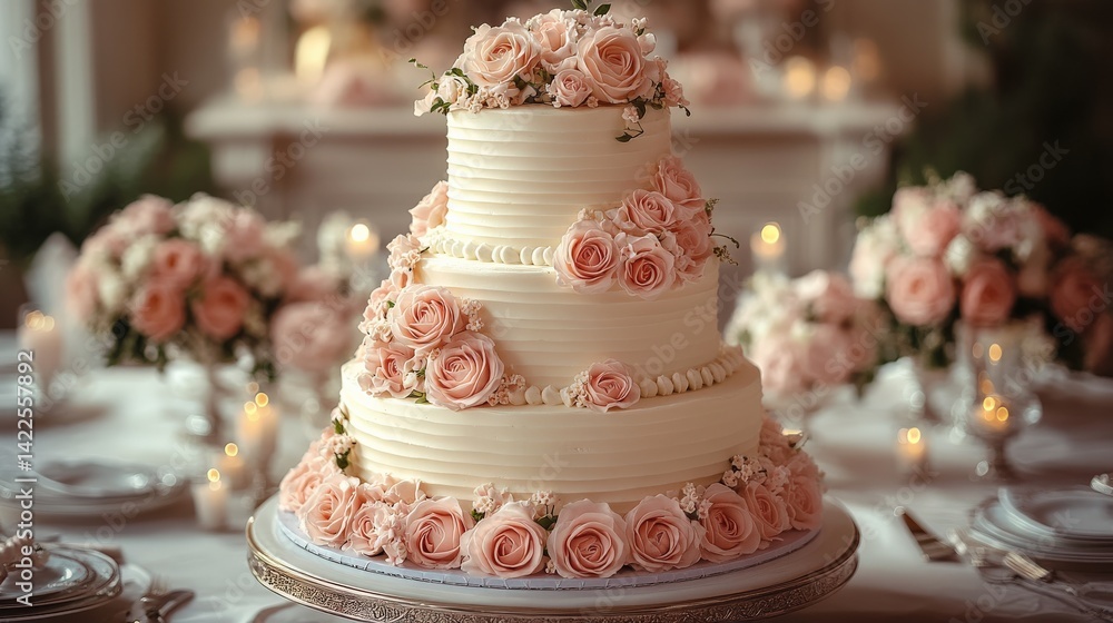 Elegant three-tier wedding cake adorned with pink roses, set in a beautifully decorated reception area Elegant three-tier wedding cake adorned with pink roses, set in a beautifully decorated reception area