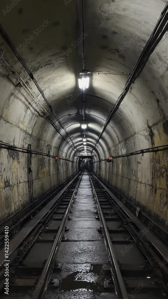 Arched train tunnel with parallel tracks and lights along ceiling, industrial underground perspective with water pools on ground Arched train tunnel with parallel tracks and lights along ceiling, industrial underground perspective with water pools on ground