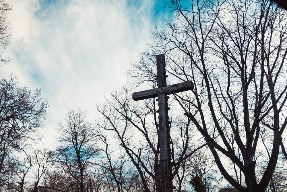 Wooden Cross Standing Tall In The Sky