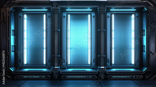 Futuristic sci fi chamber with glowing blue lights and metallic walls, resembling a high tech space station environment.