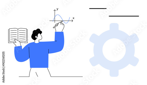 Person holding book, drawing graph on axis, alongside gearwheel representing constructive planning. Ideal for education, STEM, research, innovation, engineering analytics teamwork. Flat simple