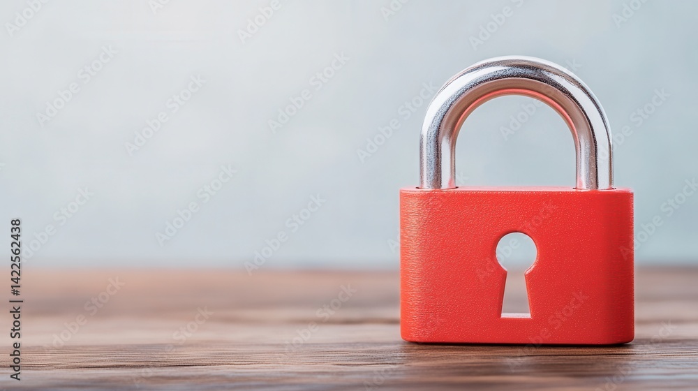 Naklejka premium Bright Red Padlock on Wooden Table with Blurred Background Signifying Security and Protection Concepts