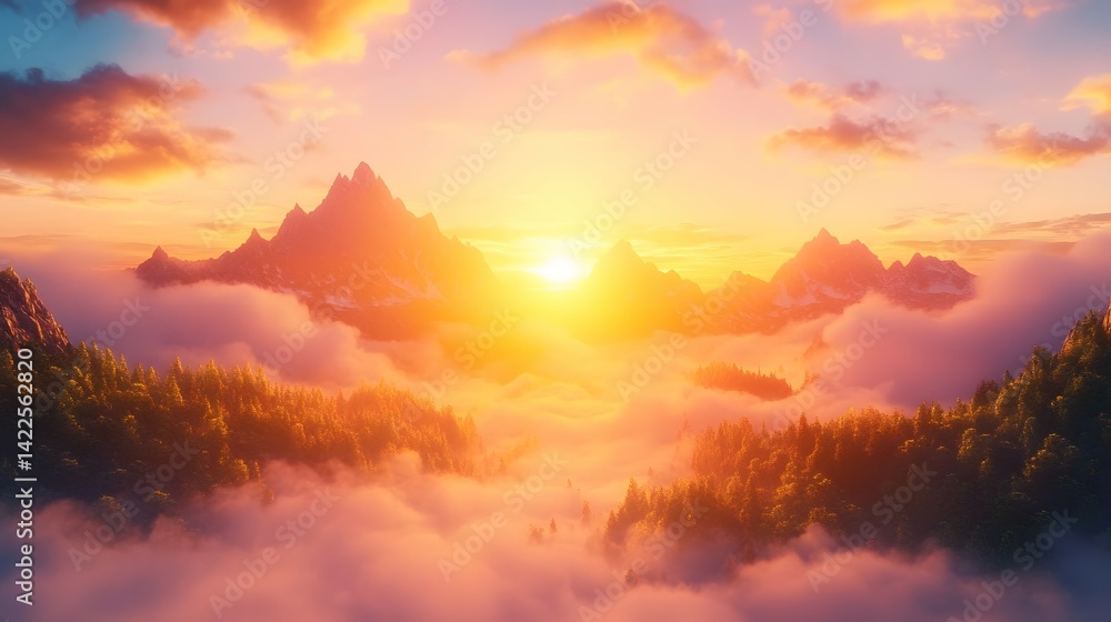 Golden sunrise over mountain peaks shrouded in clouds. Golden sunrise over mountain peaks shrouded in clouds.