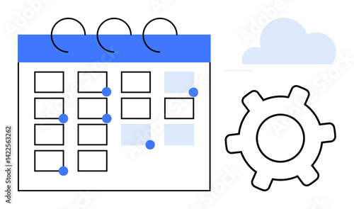 Calendar with highlighted dates, gear symbol for processes, and cloud representing technology. Ideal for scheduling, planning, productivity, automation, cloud solutions organization workflow. Clean