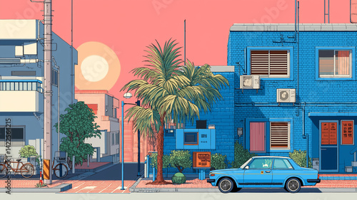 1980年代レトロポップ風のカラフルな街並みと車が描かれたイラスト素材｜ノスタルジックな雰囲気のビル群とパームツリー、青空が映える夏の都市風景背景画像