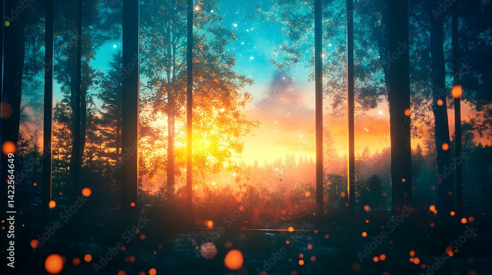 Mystical forest sunrise bathed in ethereal light. Mystical forest sunrise bathed in ethereal light.