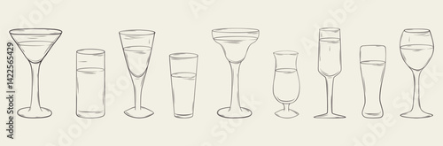A set of hand-drawn summer cocktails and drinks. Monochrome blue ink illustration. Vector.