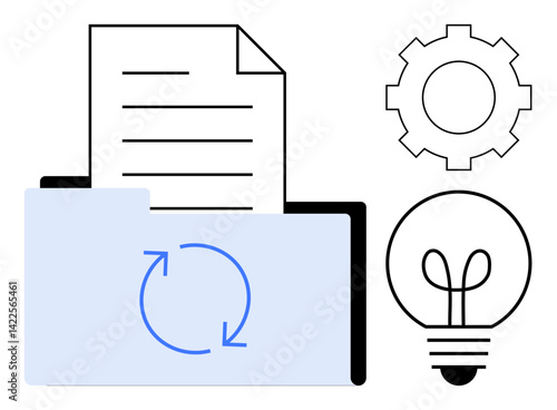 Open folder with sync arrows, file, gear icon, and light bulb symbolizing innovation, process, and collaboration. Ideal for creativity, workflow, organization process management innovation