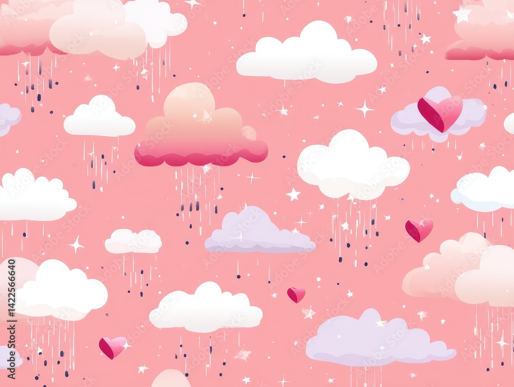 Whimsical sky with clouds, hearts, and stars on a pink background. Clouds are raining small droplets and falling stars. Seamless style. Whimsical sky with clouds, hearts, and stars on a pink background. Clouds are raining small droplets and falling stars. Seamless style.