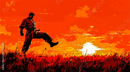 Karate master practicing high kick in front of a beautiful sunset