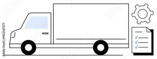 Truck driving alongside checklist with checkmarks and gear highlighting logistics, supply chain, planning. Ideal for delivery, transportation, logistics, planning, operations, management flat simple