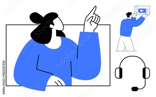 Woman pointing upward during interaction, man presenting content on screen, headset. Ideal for teamwork, communication, customer service, training, education, support simple landing page