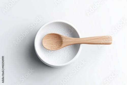 A small wooden spoon rests inside a white ceramic bowl, viewed from directly above.