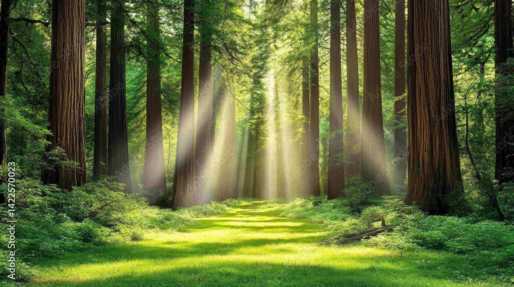 Fototapeta premium Sunlit Path Through Lush Green Forest